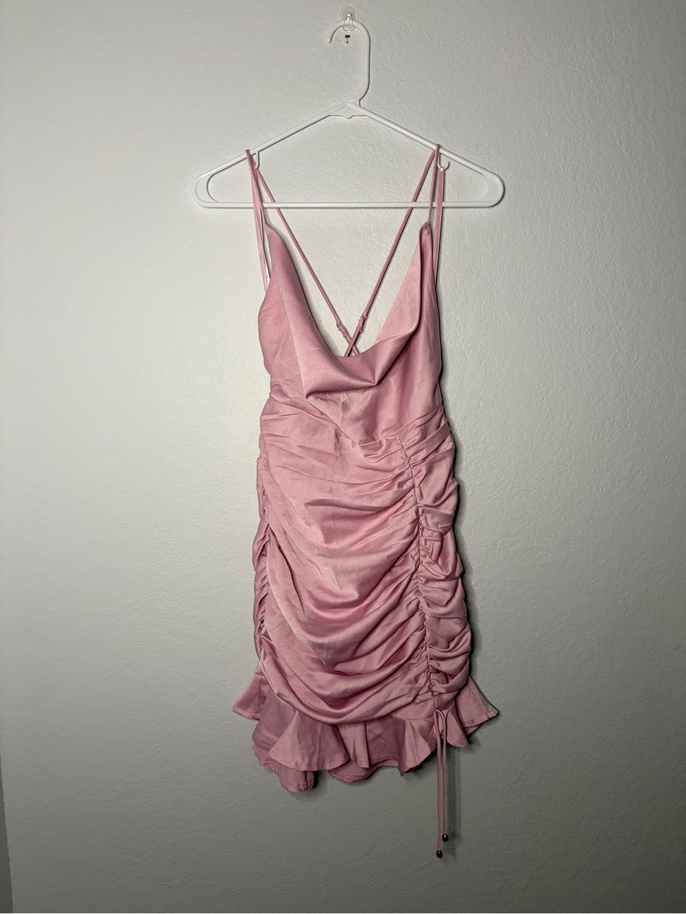 NEW Here Comes the Sun Cowl Neck Ruched Satin Mini Dress Blush Pink Medium